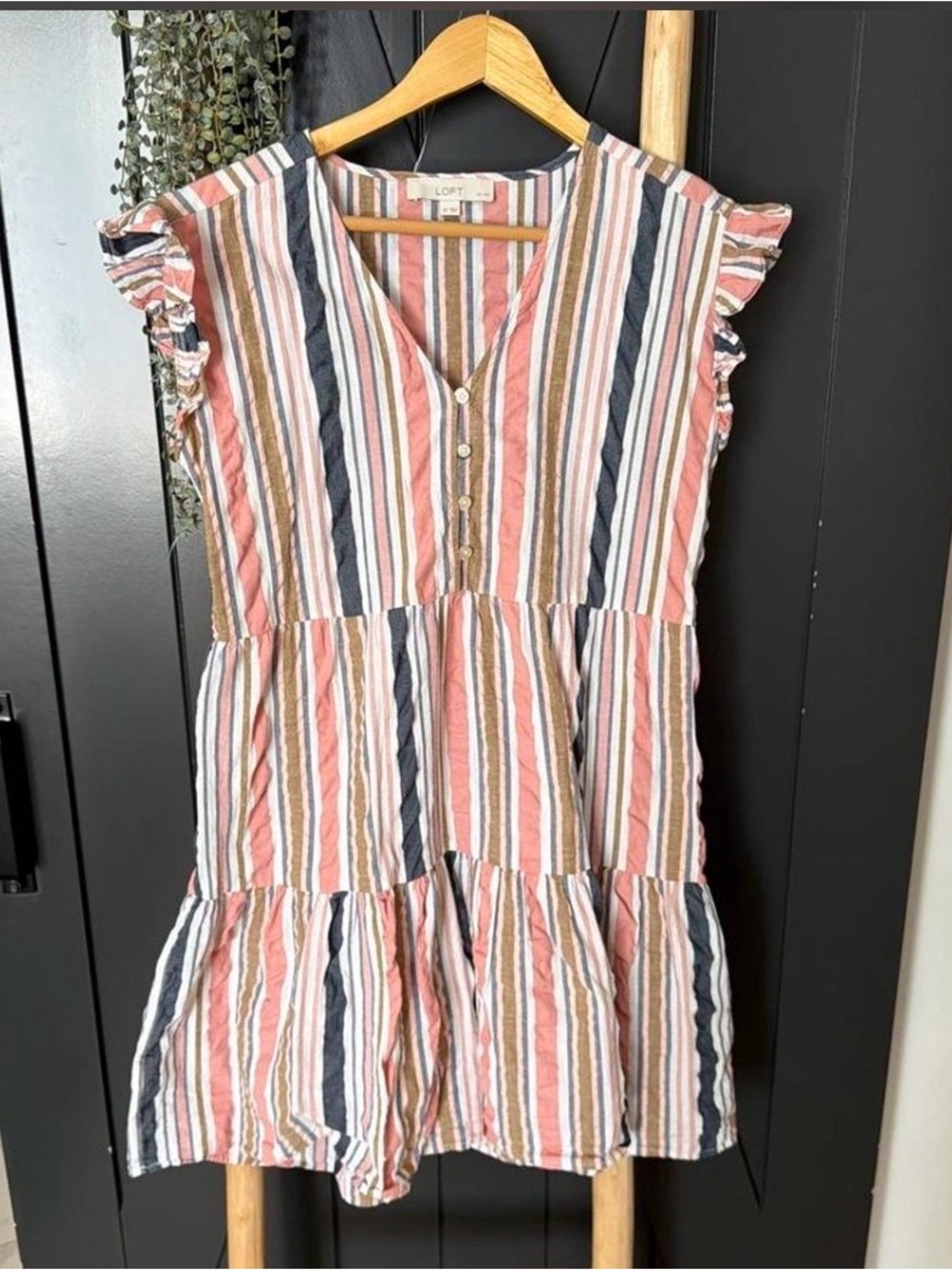 LOFT Striped Tiered Dress in Pink, Navy & Brown
